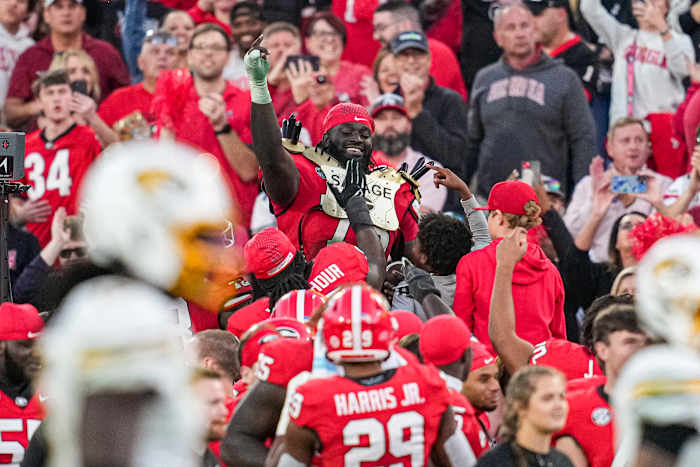 Nov 4, 2023; Athens, Georgia, USA; Georgia Bulldogs defensive lineman Nazir Stackhouse (78) reacts and wears the turnover shoulder pads after intercepting a pass against the Missouri Tigers during the second half at Sanford Stadium.